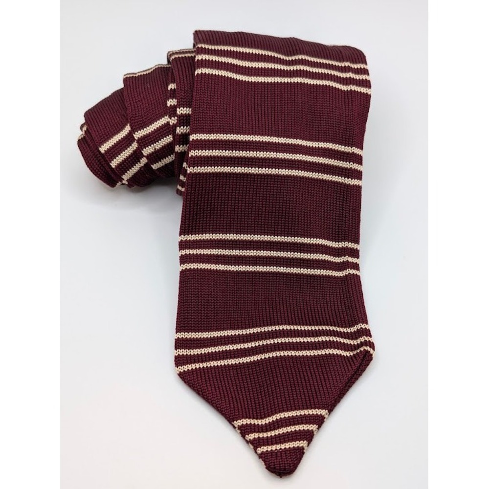 Donna Karan Pointed Knit Silk Tie Mens Burgundy Ivory Horizontal Striped Italy